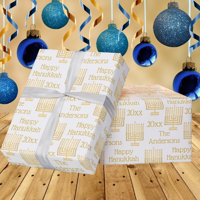 Gold Menorah On White Chic Hanukkah Personalised Wrapping Paper (Creator Uploaded)