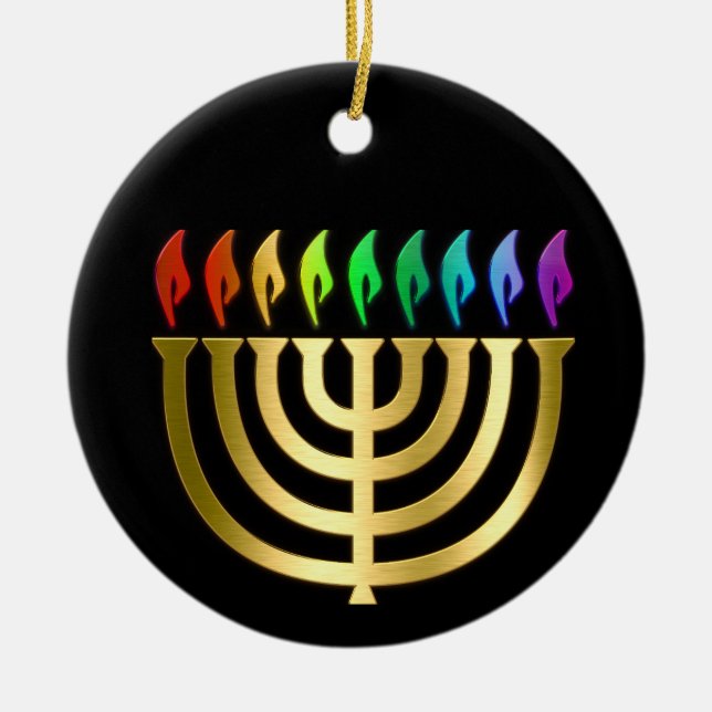 Gold Menorah Rainbow Flames Hanukkah Ornament (Front)