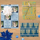 Gold Menorah Typography Photo Blue Hanukkah Wrapping Paper Sheet<br><div class="desc">Shop Hanukkah wrapping paper sheets in a fun assortment of gold Menorah stripes, blue on yellow gold typography and a personalised add your photo design. Upload your photo and personalise two separate text templates on the light pastel blue design. Create some Chanukah cheer by adding your child's name to the...</div>