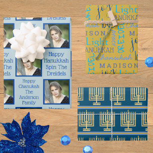 Gold Menorah Typography Photo Blue Hanukkah Wrapping Paper Sheet