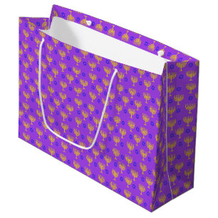 Gold Menorahs + Blue Stars Large Gift Bag