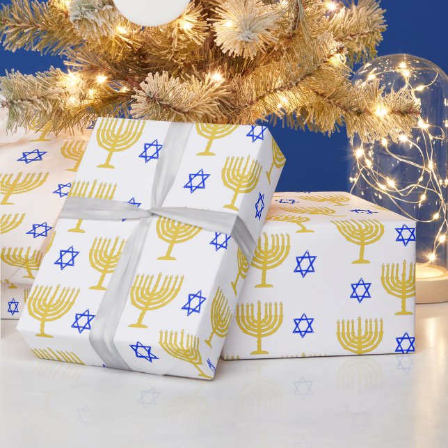 Gold Menorahs + Blue Stars Wrapping Paper (Holidays)