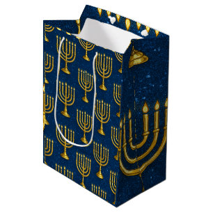 Gold Menorahs on Sparkly Jay Blue Hanukkah Medium Gift Bag