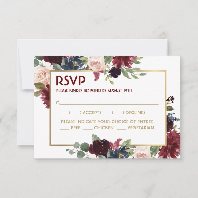 Gold Merlot Blue Floral Wedding Response Card (Front)