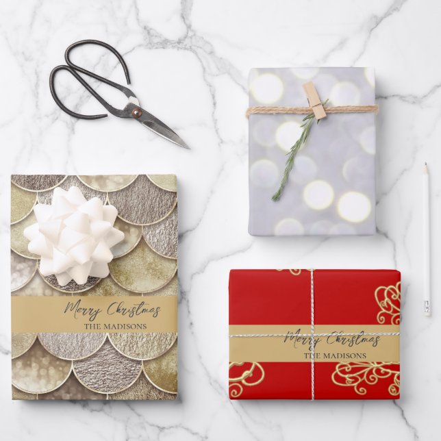 Gold Mermaid Scales and Snowflakes  Wrapping Paper Sheet (Front)