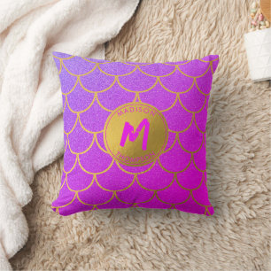 Gold Mermaid Scales Pink Glitter Pattern Monogram Cushion