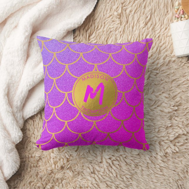Gold Mermaid Scales Pink Glitter Pattern Monogram Cushion (Blanket)