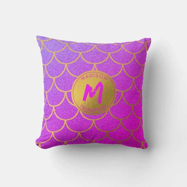 Gold Mermaid Scales Pink Glitter Pattern Monogram Cushion (Front)