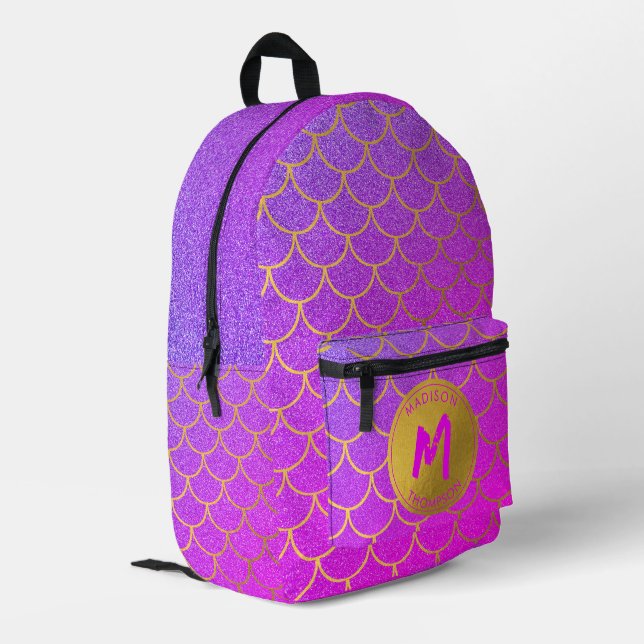 Gold Mermaid Scales Pink Glitter Pattern Monogram Printed Backpack (Back Corner Left)