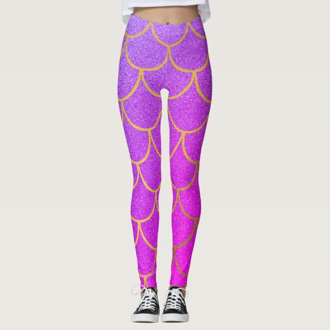 Gold Mermaid Scales Pink Purple Glitter Leggings (Front)