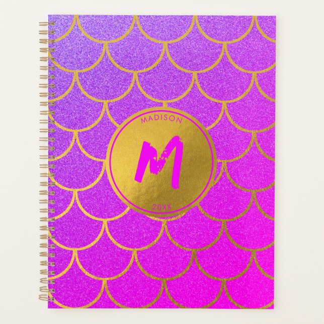 Gold Mermaid Scales Pink Purple Glitter Monogram  Planner (Front)