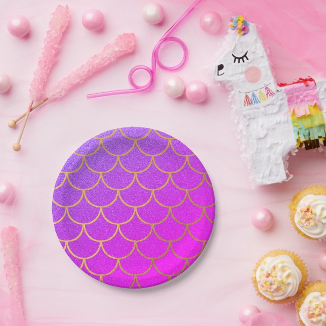 Gold Mermaid Scales Pink Purple Glitter Paper Plate (Party)