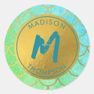 Gold Mermaid Scales Teal Glitter  Pattern Monogram Classic Round Sticker