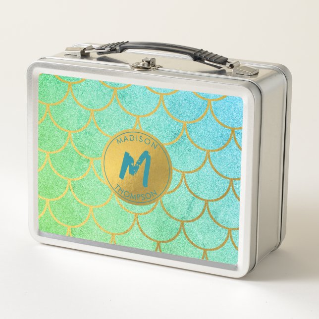 Gold Mermaid Scales Teal Glitter  Pattern Monogram Metal Lunch Box (Front)