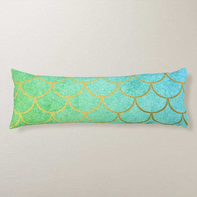 Gold Mermaid Scales Teal Turquoise Glitter Body Cushion (Front)