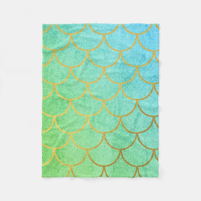 Gold Mermaid Scales Teal Turquoise Glitter  Fleece Blanket (Front)