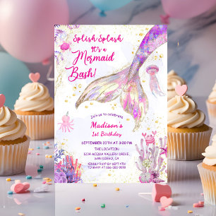Gold Mermaid Tail Pink Purple 1st Birthday Party Invitation