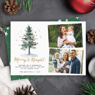 Gold Merry and Bright Chic Christmas Tree 2 Photo Holiday Card