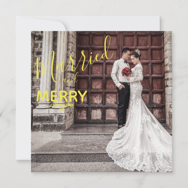 Gold Merry and Married Elegant Photo Wedding Thank You Card (Front)