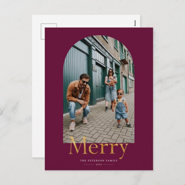 Gold Merry Arch Frame Photo Holiday Postcard (Front/Back)
