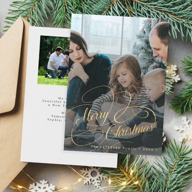 Gold Merry Christmas 2 family photo personalised Holiday Card (Creator Uploaded)