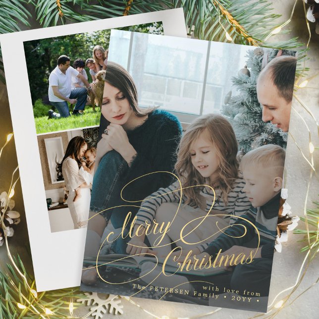 Gold Merry Christmas 4 photo collage  Holiday Card (Creator Uploaded)