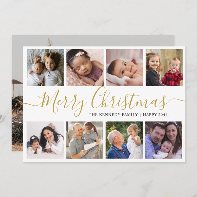 Gold Merry Christmas 9 Photo Collage Holiday Card (Front/Back)