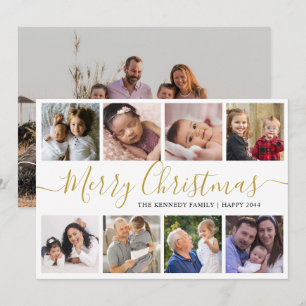 Gold Merry Christmas 9 Photo Collage Holiday Card