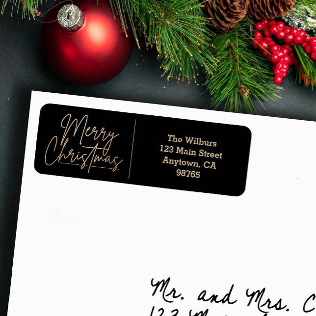 Gold Merry Christmas Black Return Address (Gold Merry Christmas script on black return address labels)