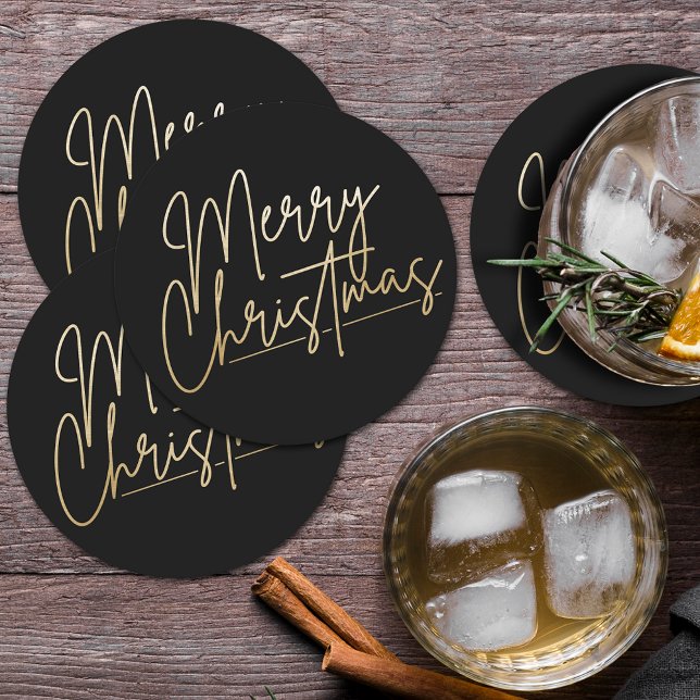 Gold Merry Christmas Black Round Paper Coaster (Creator Uploaded)