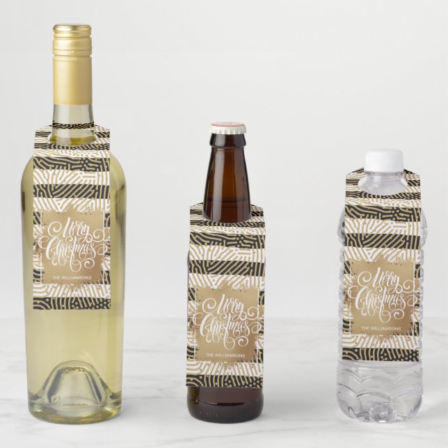Gold Merry Christmas Black White Stripes Bottle Tag (In Situ)