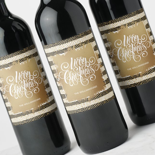 Gold Merry Christmas Black White Stripes Wine Label (Creator Uploaded)