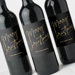 Gold Merry Christmas Black Wine Label
