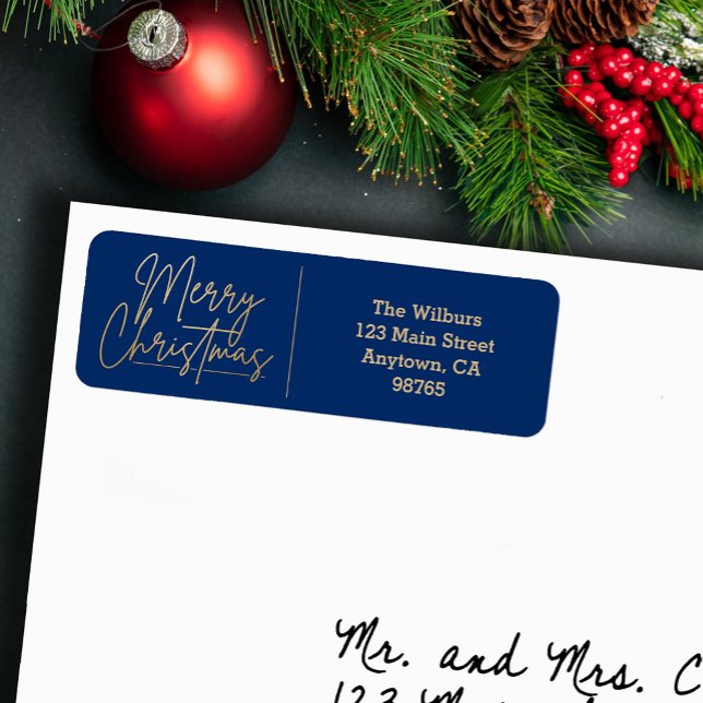 Gold Merry Christmas Blue Return Address (Gold Merry Christmas script on blue return address labels)