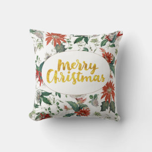 Gold Merry Christmas Botanical Red Floral Pattern Cushion