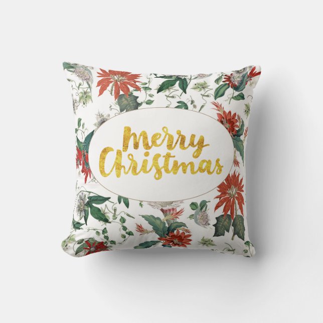 Gold Merry Christmas Botanical Red Floral Pattern Cushion (Front)