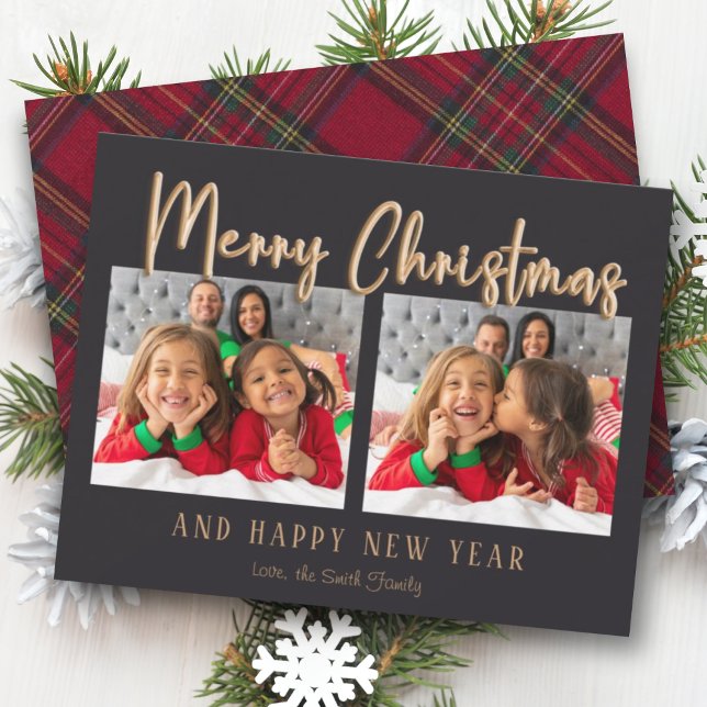 Gold Merry Christmas Bubble Letters Plaid Photo Holiday Card (Creator Uploaded)