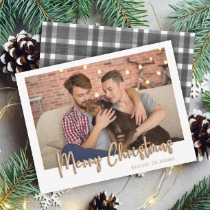 Gold Merry Christmas Bubble Letters Plaid White Holiday Card