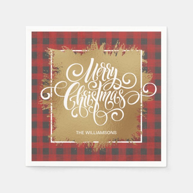Gold Merry Christmas Buffalo Plaid  Napkin (Front)