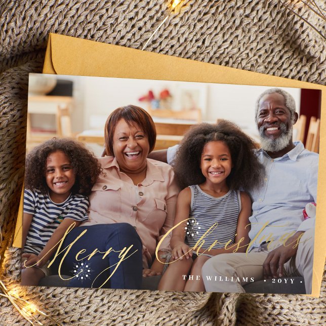 Gold Merry Christmas elegant script simple photo Holiday Card (Creator Uploaded)
