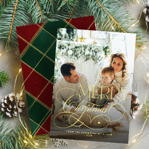 Gold Merry Christmas family photo elegant plaid Holiday Card