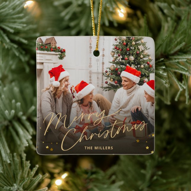 Gold Merry Christmas Family Photo holiday card Ceramic Ornament (Tree)