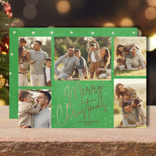 Gold Merry Christmas Five Photo Green Holiday Card
