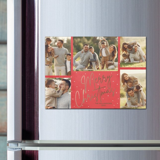 Gold Merry Christmas Five Photo Red Holiday Magnet (Faux gold Merry Christmas 5 photo red border magnetic Christmas cards)