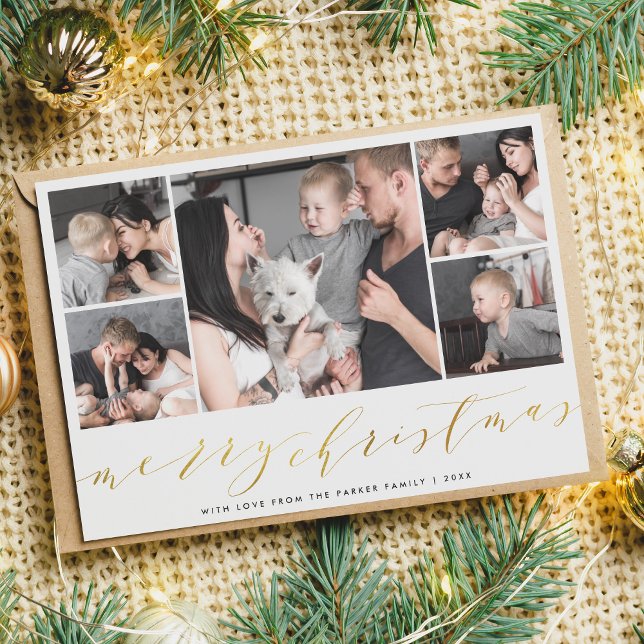Gold Merry Christmas Five Pictures Holiday Photo (The Card Front Mock-up)