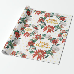 Gold Merry Christmas Floral Wreath with Poinsettia Wrapping Paper