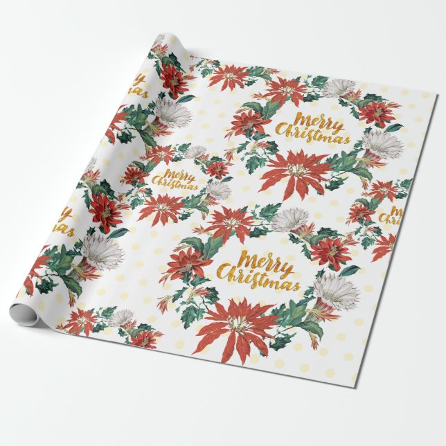 Gold Merry Christmas Floral Wreath with Poinsettia Wrapping Paper (Unrolled)
