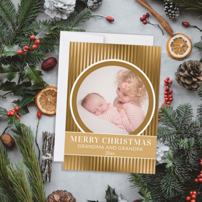 Gold Merry Christmas Grandparents Grandchild Photo Holiday Card (Creator Uploaded)