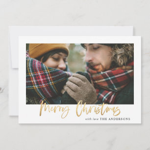 Gold merry christmas green plaid photo card