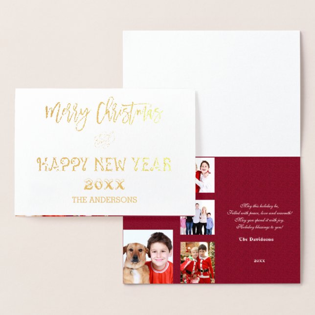 Gold Merry Christmas Happy New Year Family Photos Foil Card (Display)